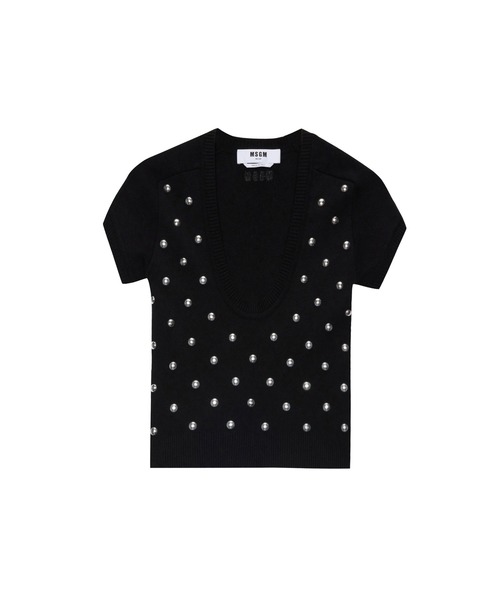 MSGM(エムエスジーエム)の「スタッズ ショートスリーブ ニットトップ(ニット/セーター・レディース・ピンク/ブラック・M/S)」の2枚目の写真