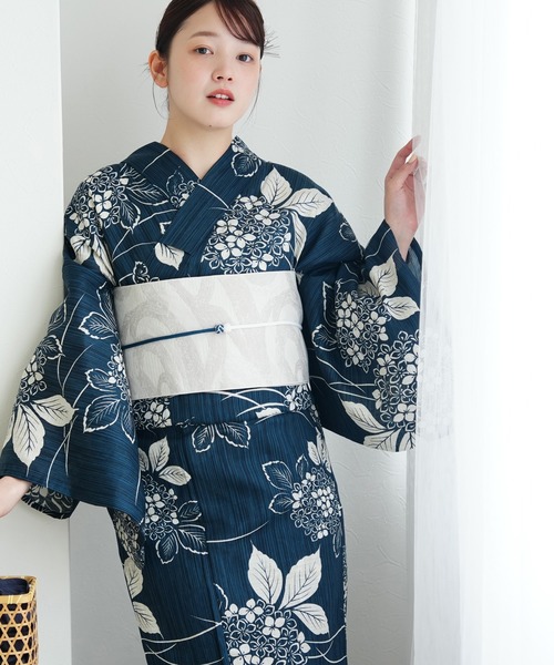 utatane 浴衣3点セット 花柄 あじさい 浴衣3点セット 綿麻 鉄紺にあじさい（浴衣）｜utatane（ウタタネ）の