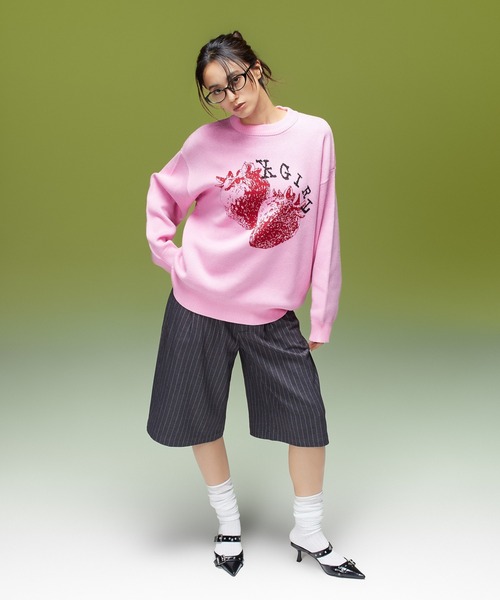 X-girl(エックスガール)の「STRAWBERRY AND LOGO JACQUARD KNIT TOP(ニット/セーター・レディース・ブラック/ホワイト/ピンク・ONE SIZE)」の16枚目の写真