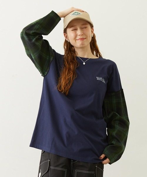 MILKFED.（ミルクフェド）の「PLAID SLEEVES L/S TOP（Tシャツ/カットソー・レディース・ネイビー/ブラック/グレー・ONE SIZE）」の3枚目の写真