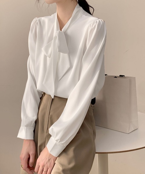 Miniministore（ミニミニストア）の「ボウタイブラウスリボンレディースきれいめ（シャツ/ブラウス・レディース・ホワイト/ブルー/ベージュ・FREE）」の16枚目の写真