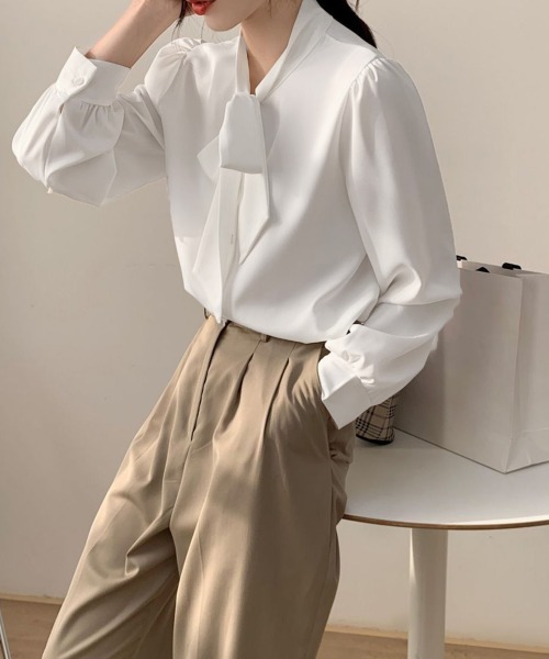 Miniministore（ミニミニストア）の「ボウタイブラウスリボンレディースきれいめ（シャツ/ブラウス・レディース・ホワイト/ブルー/ベージュ・FREE）」の20枚目の写真