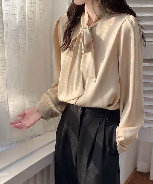 Miniministore（ミニミニストア）の「ボウタイブラウスリボンレディースきれいめ（シャツ/ブラウス・レディース・ホワイト/ブルー/ベージュ・FREE）」の9枚目の写真