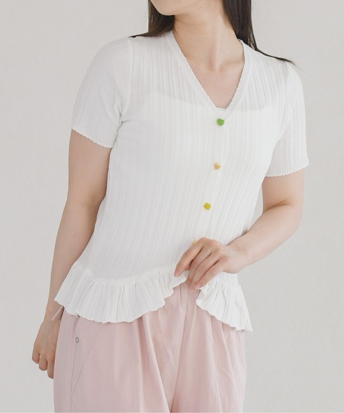MISCH MASCH(ミッシュマッシュ)の「2026春夏新作 ハートボタン半袖リブトップス(ニット/セーター・レディース・ブルー/ホワイト・フリ-)」の1枚目の写真