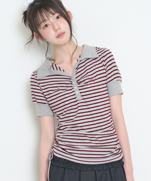 ILLIGO(イリゴ)の「ストライプシャーリングカラーTシャツバーガンディ(Tシャツ/カットソー・レディース・その他・OS)」の2枚目の写真