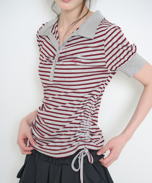 ILLIGO(イリゴ)の「ストライプシャーリングカラーTシャツバーガンディ(Tシャツ/カットソー・レディース・その他・OS)」の3枚目の写真