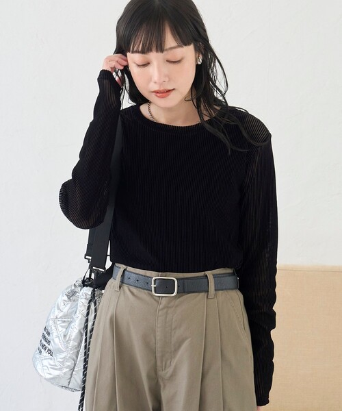 coen(コーエン)の「シアーメッシュ フロッキーストライプロンT(Tシャツ/カットソー・レディース・ブラック/オフホワイト/ダークブラウン・M/L)」の2枚目の写真