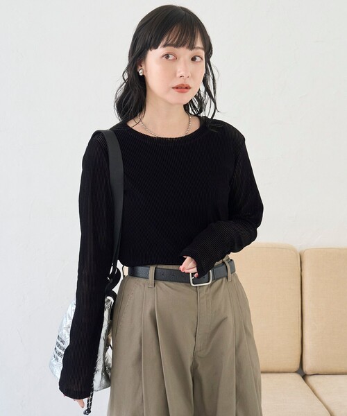 coen(コーエン)の「シアーメッシュ フロッキーストライプロンT(Tシャツ/カットソー・レディース・ブラック/オフホワイト/ダークブラウン・M/L)」の8枚目の写真