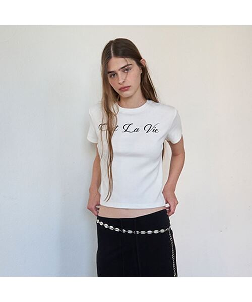 AENE（エイネ）の「フラッフィーレタリングTシャツ（メランジグレー）（Tシャツ/カットソー・レディース・ホワイト/ライトグレー/ネイビー・FREE）」の2枚目の写真