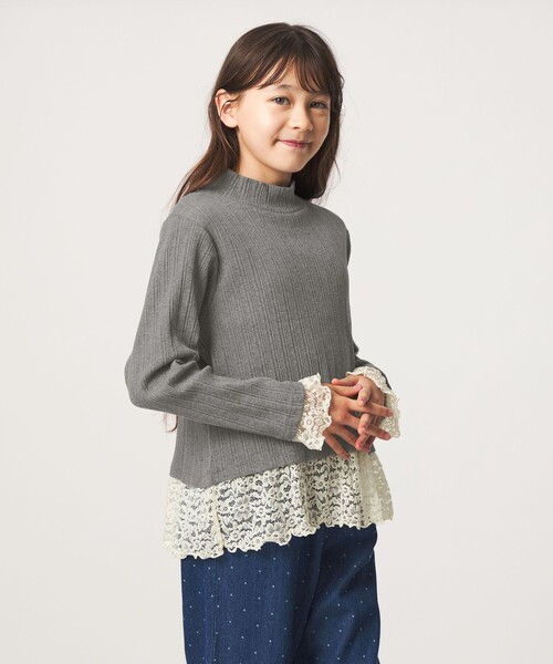 green label relaxing（グリーンレーベルリラクシング）の「チュール レース コンビ プルオーバー / キッズ 140cm-160cm（ニット/セーター・キッズ・グレー系/ライム・140cm/160cm/150cm）」の5枚目の写真