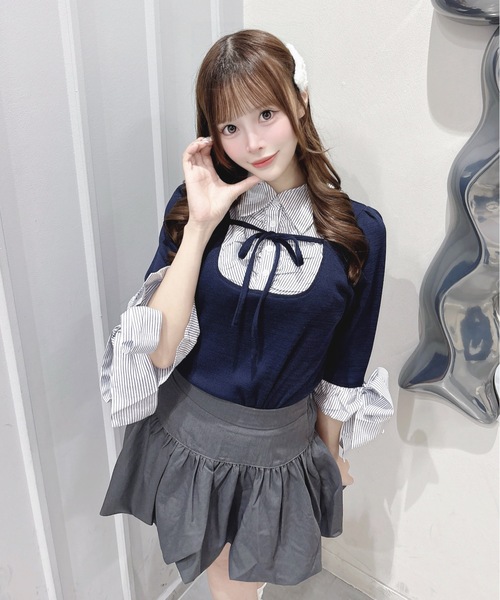 one way(ワンウェイ)の「七分袖リボンドッキングテレコ(Tシャツ/カットソー・レディース・ネイビー/グレー/ピンク/ブラック・FREE)」の3枚目の写真