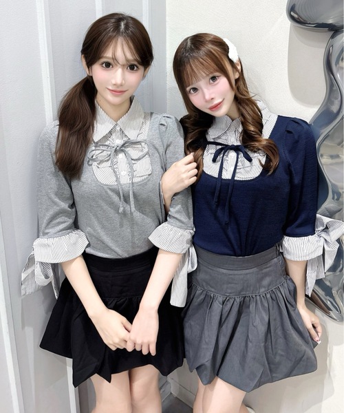 one way(ワンウェイ)の「七分袖リボンドッキングテレコ(Tシャツ/カットソー・レディース・ネイビー/グレー/ピンク/ブラック・FREE)」の2枚目の写真