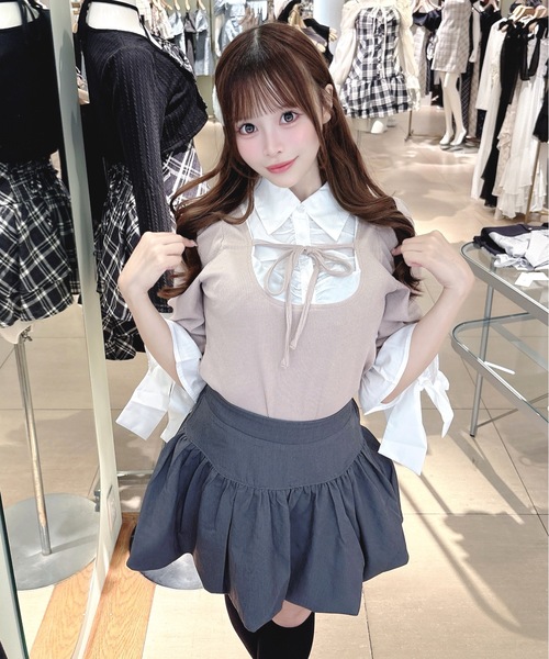 one way(ワンウェイ)の「七分袖リボンドッキングテレコ(Tシャツ/カットソー・レディース・ネイビー/グレー/ピンク/ブラック・FREE)」の4枚目の写真