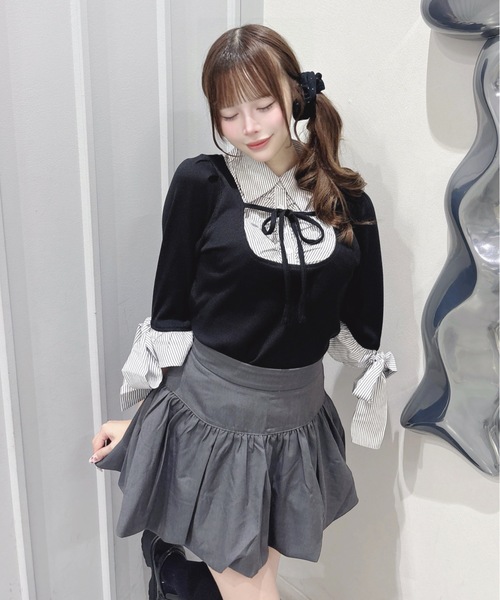 one way(ワンウェイ)の「七分袖リボンドッキングテレコ(Tシャツ/カットソー・レディース・ネイビー/グレー/ピンク/ブラック・FREE)」の6枚目の写真