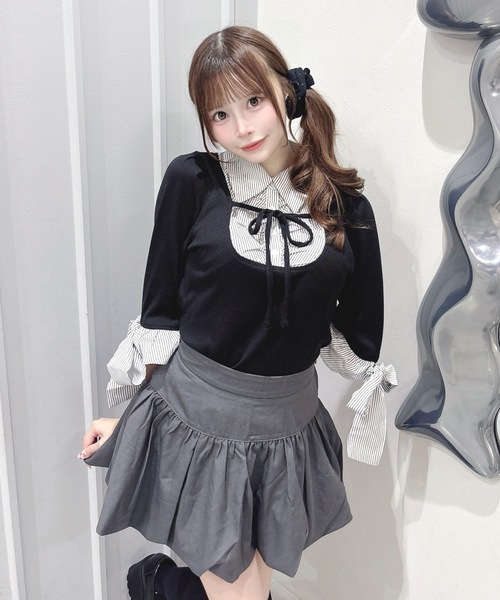 one way(ワンウェイ)の「七分袖リボンドッキングテレコ(Tシャツ/カットソー・レディース・ネイビー/グレー/ピンク/ブラック・FREE)」の7枚目の写真