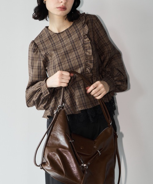 Aimelibra(エメリブラ)の「レースドッキングフリルチェックブラウス(シャツ/ブラウス・レディース・ブラウン/その他・FREE)」の6枚目の写真