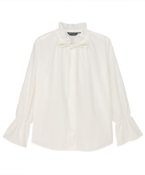 TOKYO SHIRTS(トウキョウシャツ)の「【吸水速乾】【COFREX】 フリルリボン ブラウス 長袖 レディースデザインシャツ(シャツ/ブラウス・レディース・ホワイト・M)」の1枚目の写真