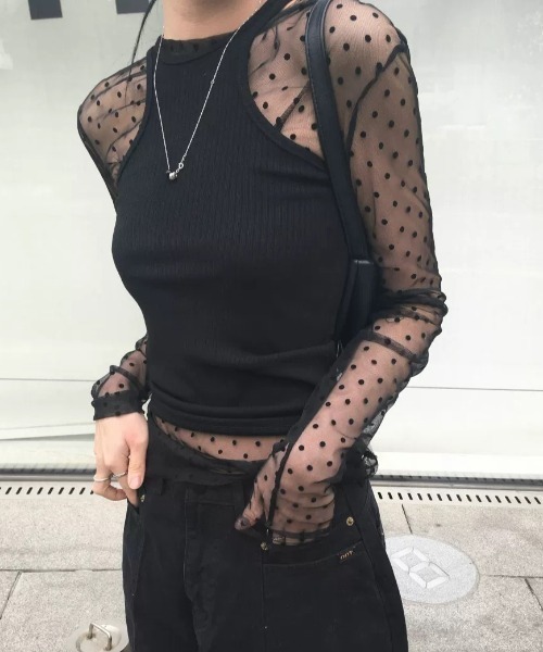 Vipoa(ヴィポア)の「Polka dot tulle tops(Tシャツ/カットソー・レディース・ホワイト/ブラック・FREE)」の1枚目の写真