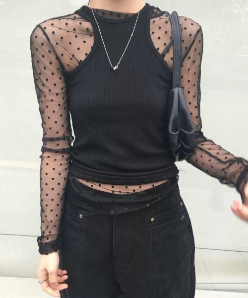 Vipoa(ヴィポア)の「Polka dot tulle tops(Tシャツ/カットソー・レディース・ホワイト/ブラック・FREE)」の3枚目の写真