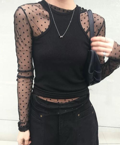 Vipoa(ヴィポア)の「Polka dot tulle tops(Tシャツ/カットソー・レディース・ホワイト/ブラック・FREE)」の4枚目の写真