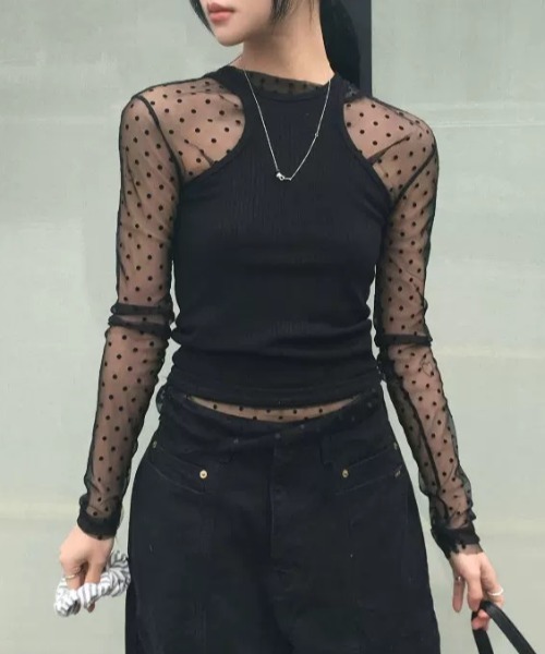Vipoa(ヴィポア)の「Polka dot tulle tops(Tシャツ/カットソー・レディース・ホワイト/ブラック・FREE)」の5枚目の写真