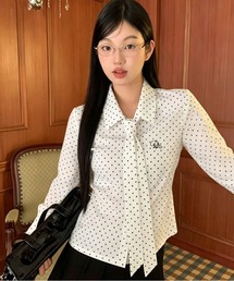 水玉ネクタイ付きウエストマーク長袖シャツ