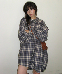 RIBBON PIN SET SHIRT DRESS NAVY CHECK