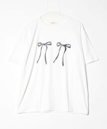 韓国ファッション　ゆったり着られるフロントリボンプリント半袖Tシャツ
