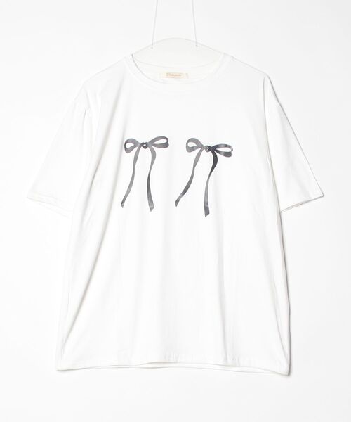 Dream garden（ドリームガーデン）の「韓国ファッション　ゆったり着られるフロントリボンプリント半袖Tシャツ（Tシャツ/カットソー・レディース・ピンク/ブルー/ホワイト・L/XL/2XL/3XL/S/M）」の2枚目の写真
