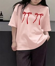 韓国ファッション ゆったり着られるフロントリボンプリント半袖Tシャツ