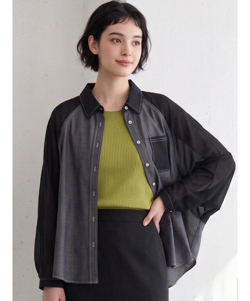 Sew loop（ソーループ）の「袖シフォン 異素材切替 配色ステッチ ラグランワイドスリーブシャツ（シャツ/ブラウス・レディース・ネイビー/ブラック・FREE）」の7枚目の写真
