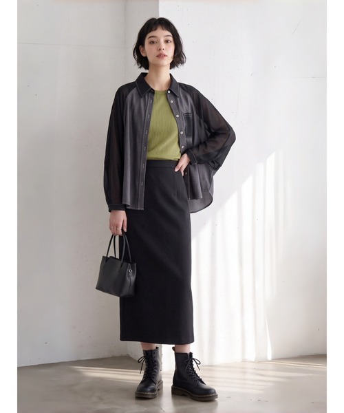 Sew loop（ソーループ）の「袖シフォン 異素材切替 配色ステッチ ラグランワイドスリーブシャツ（シャツ/ブラウス・レディース・ネイビー/ブラック・FREE）」の8枚目の写真