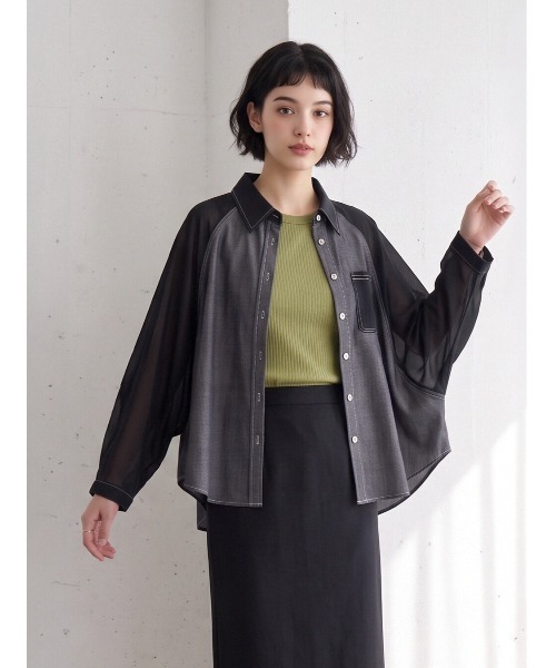 Sew loop（ソーループ）の「袖シフォン 異素材切替 配色ステッチ ラグランワイドスリーブシャツ（シャツ/ブラウス・レディース・ネイビー/ブラック・FREE）」の9枚目の写真