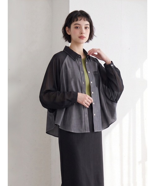 Sew loop（ソーループ）の「袖シフォン 異素材切替 配色ステッチ ラグランワイドスリーブシャツ（シャツ/ブラウス・レディース・ネイビー/ブラック・FREE）」の10枚目の写真