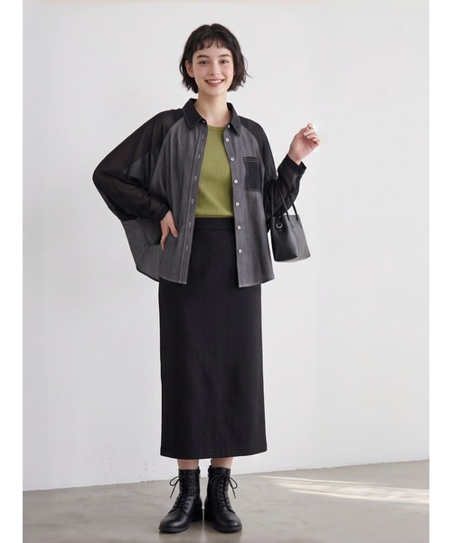 Sew loop（ソーループ）の「袖シフォン 異素材切替 配色ステッチ ラグランワイドスリーブシャツ（シャツ/ブラウス・レディース・ネイビー/ブラック・FREE）」の11枚目の写真