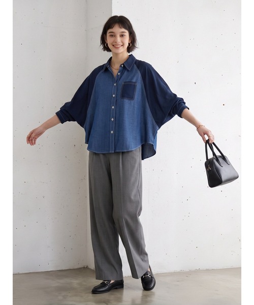 Sew loop（ソーループ）の「袖シフォン 異素材切替 配色ステッチ ラグランワイドスリーブシャツ（シャツ/ブラウス・レディース・ネイビー/ブラック・FREE）」の12枚目の写真