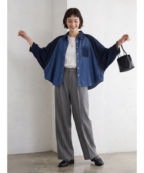 Sew loop（ソーループ）の「袖シフォン 異素材切替 配色ステッチ ラグランワイドスリーブシャツ（シャツ/ブラウス・レディース・ネイビー/ブラック・FREE）」の21枚目の写真