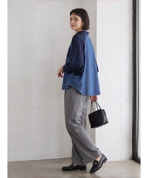 Sew loop（ソーループ）の「袖シフォン 異素材切替 配色ステッチ ラグランワイドスリーブシャツ（シャツ/ブラウス・レディース・ネイビー/ブラック・FREE）」の13枚目の写真