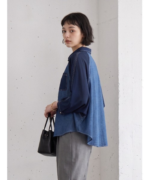 Sew loop（ソーループ）の「袖シフォン 異素材切替 配色ステッチ ラグランワイドスリーブシャツ（シャツ/ブラウス・レディース・ネイビー/ブラック・FREE）」の15枚目の写真