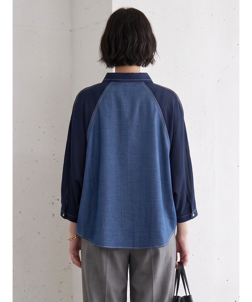Sew loop（ソーループ）の「袖シフォン 異素材切替 配色ステッチ ラグランワイドスリーブシャツ（シャツ/ブラウス・レディース・ネイビー/ブラック・FREE）」の17枚目の写真