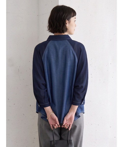 Sew loop（ソーループ）の「袖シフォン 異素材切替 配色ステッチ ラグランワイドスリーブシャツ（シャツ/ブラウス・レディース・ネイビー/ブラック・FREE）」の18枚目の写真