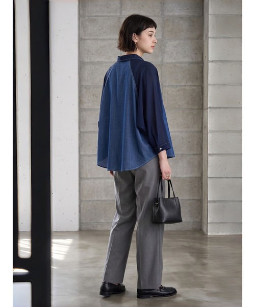 Sew loop（ソーループ）の「袖シフォン 異素材切替 配色ステッチ ラグランワイドスリーブシャツ（シャツ/ブラウス・レディース・ネイビー/ブラック・FREE）」の19枚目の写真