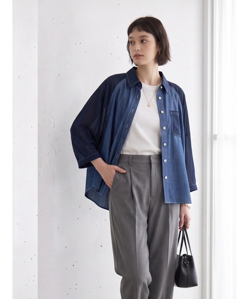 Sew loop（ソーループ）の「袖シフォン 異素材切替 配色ステッチ ラグランワイドスリーブシャツ（シャツ/ブラウス・レディース・ネイビー/ブラック・FREE）」の20枚目の写真