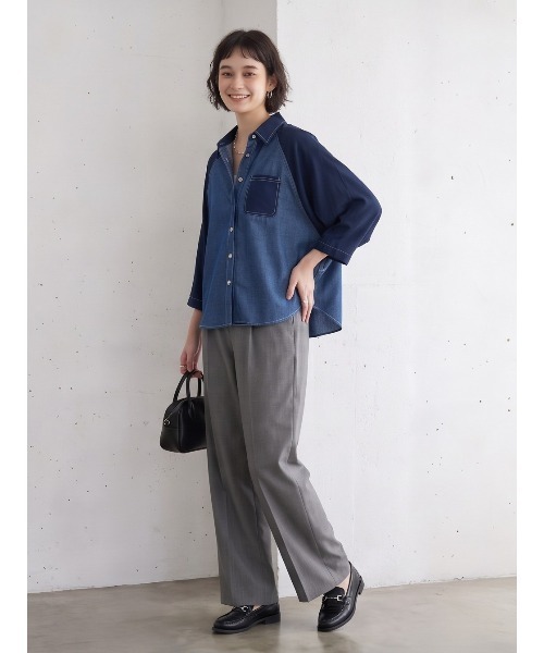 Sew loop（ソーループ）の「袖シフォン 異素材切替 配色ステッチ ラグランワイドスリーブシャツ（シャツ/ブラウス・レディース・ネイビー/ブラック・FREE）」の14枚目の写真