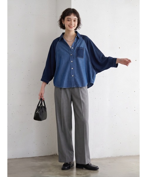 Sew loop（ソーループ）の「袖シフォン 異素材切替 配色ステッチ ラグランワイドスリーブシャツ（シャツ/ブラウス・レディース・ネイビー/ブラック・FREE）」の16枚目の写真