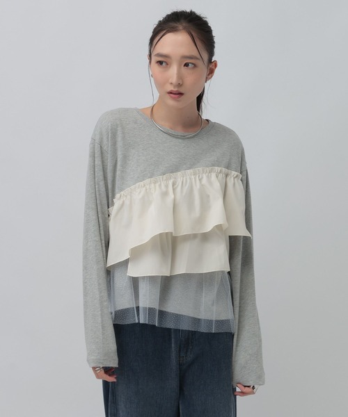 LEPSIM(レプシィム)の「長袖異素材フリルドッキング 1080847(Tシャツ/カットソー・レディース・グレー/チャコールグレー/ブラック・FREE)」の3枚目の写真