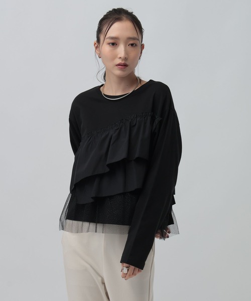 LEPSIM(レプシィム)の「長袖異素材フリルドッキング 1080847(Tシャツ/カットソー・レディース・グレー/チャコールグレー/ブラック・FREE)」の2枚目の写真
