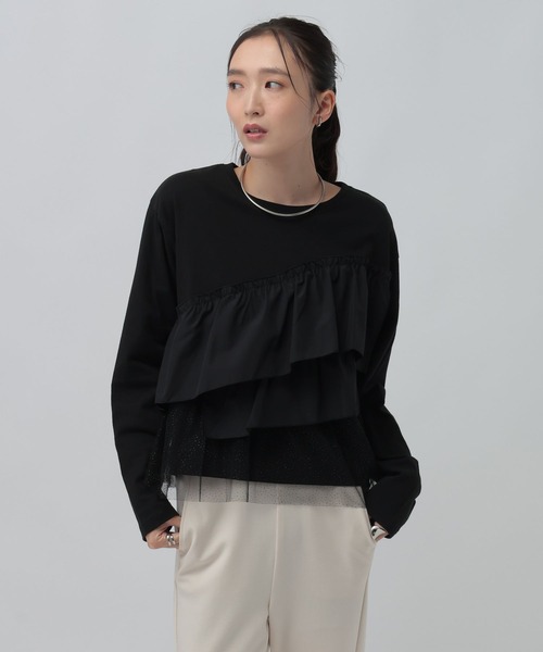 LEPSIM(レプシィム)の「長袖異素材フリルドッキング 1080847(Tシャツ/カットソー・レディース・グレー/チャコールグレー/ブラック・FREE)」の4枚目の写真