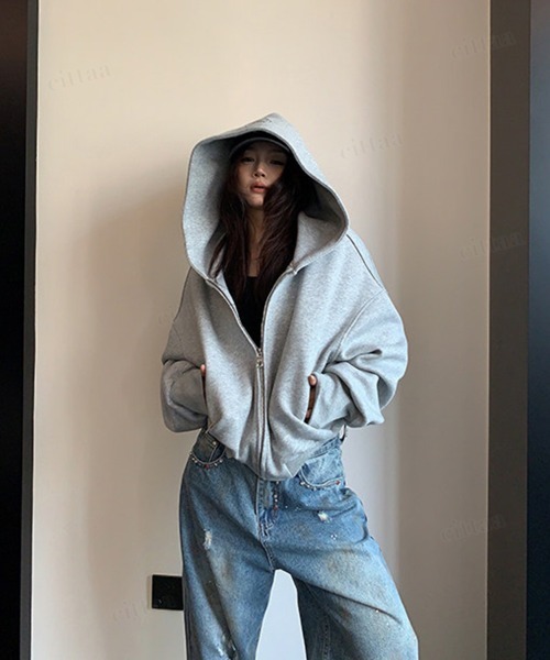 Dalfwin(ダールフィン)の「Ricecakeフード刺繍バックプリントジップアップショート丈フーディー(パーカー・レディース・グレー/ブラック・FREE)」の12枚目の写真