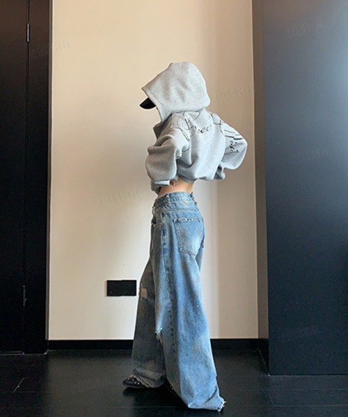 Dalfwin(ダールフィン)の「Ricecakeフード刺繍バックプリントジップアップショート丈フーディー(パーカー・レディース・グレー/ブラック・FREE)」の15枚目の写真